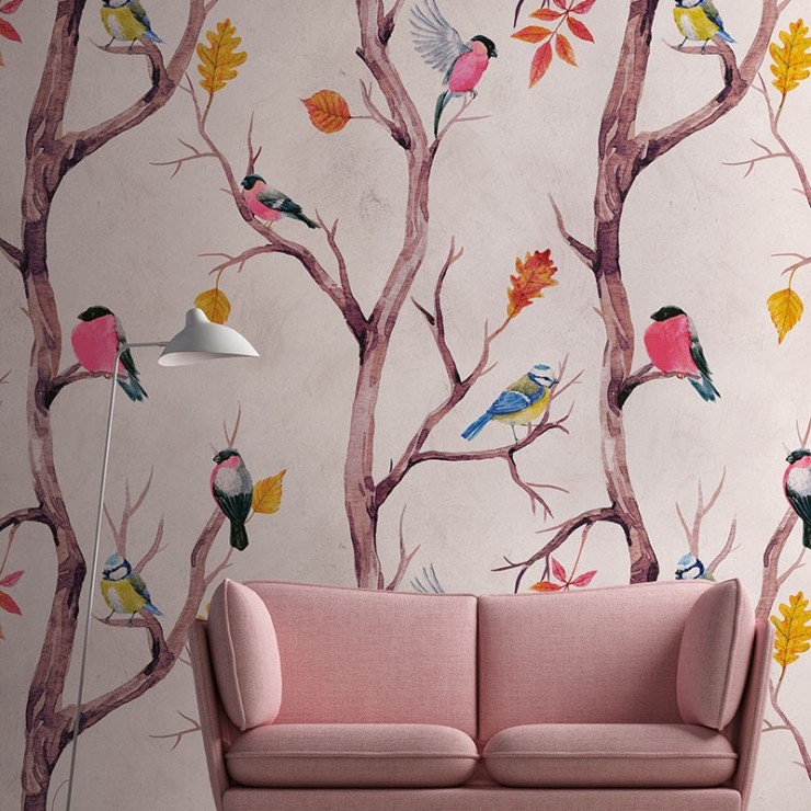 Mural Infantil Paraíso con un paisaje idílico de árboles, pájaros y  mariposas, papel pintado para paredes infantiles ANIM523